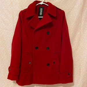 Details intl double breasted red peacoat, winter coat size small